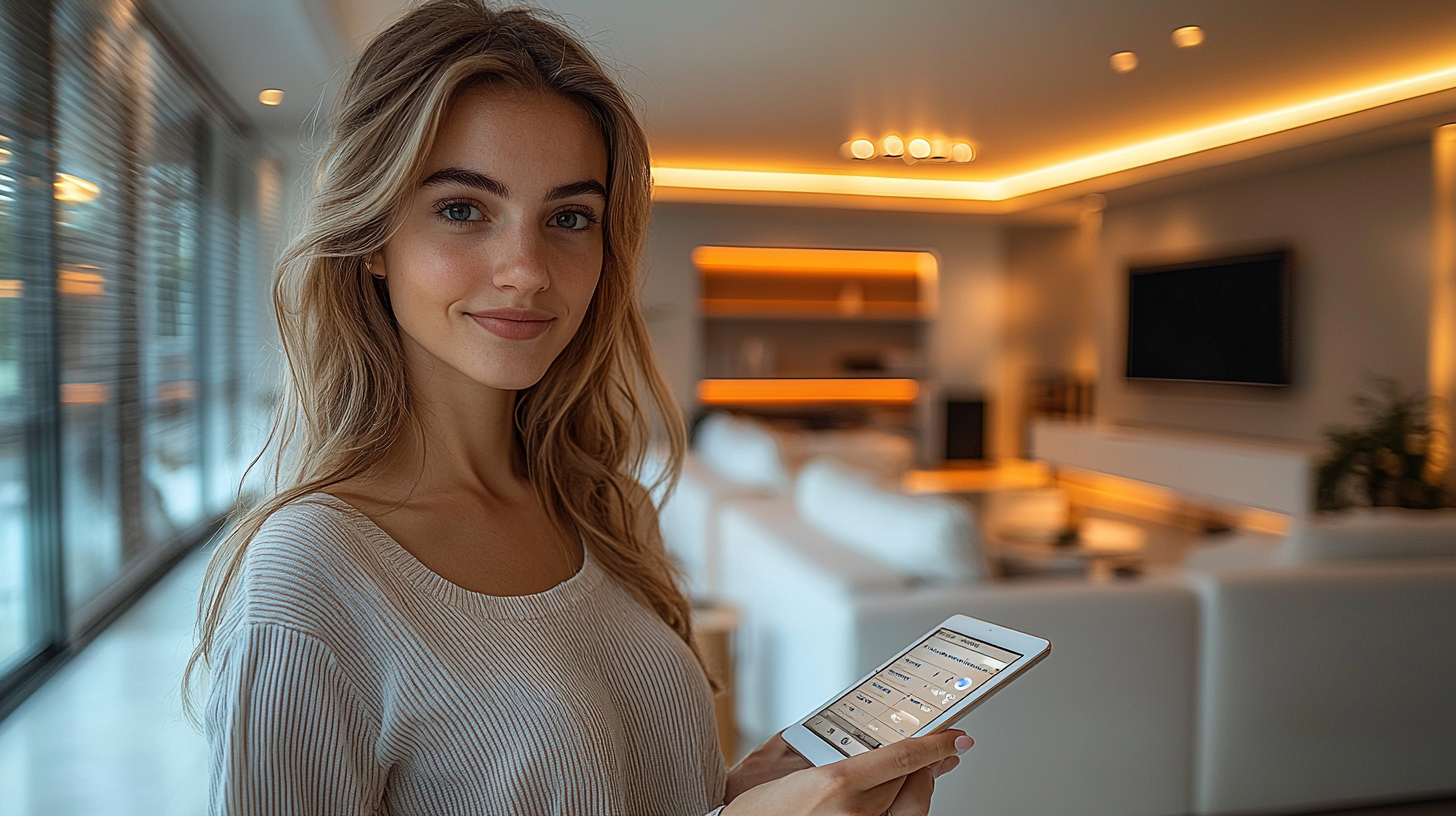 mulher-segurando-celular-com-app-de-automacao-reisidencial